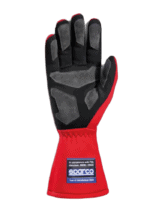 Close-up of a Sparco racing glove with black and grey design and red cuff, suitable for motorsport racing.