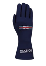Martini Racing branded racing glove in navy blue with red, white, and blue stripes, designed for motorsport safety and performance.