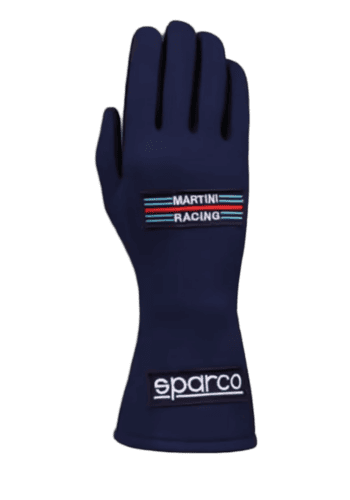 Martini Racing branded racing glove in navy blue with red, white, and blue stripes, designed for motorsport safety and performance.