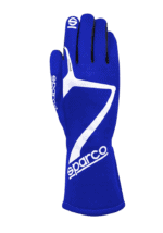 Blue Sparco racing glove with white accents, designed for motorsport safety and performance.
