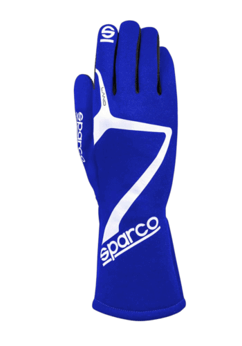 Blue Sparco racing glove with white accents, designed for motorsport safety and performance.