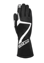 Black and white Sparco racing glove designed for motorsport, featuring high grip and protection for racing drivers.