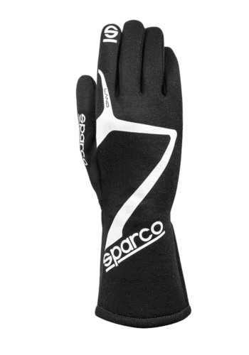 Black and white Sparco racing glove designed for motorsport, featuring high grip and protection for racing drivers.
