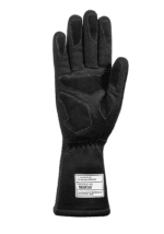 Black racing glove with protective padding, ideal for motorsport safety and performance.