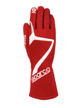 Red Sparco racing glove with white logo and black accents, designed for motorsport safety and performance.
