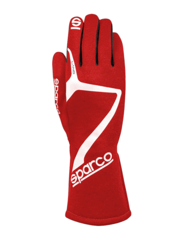 Red Sparco racing glove with white logo and black accents, designed for motorsport safety and performance.
