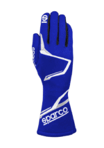 Blue Sparco racing glove with white accents, designed for motorsport safety and performance.