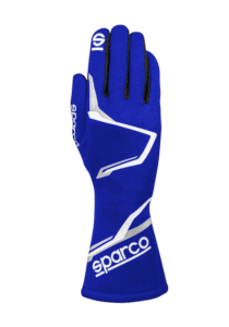 Blue Sparco racing glove with white accents, designed for motorsport safety and performance.