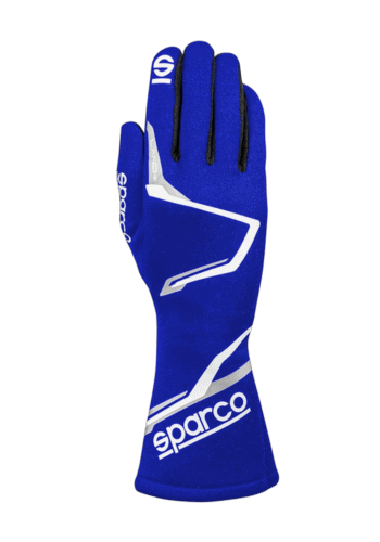 Blue Sparco racing glove with white accents, designed for motorsport safety and performance.