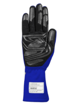 Black and grey racing glove with blue cuff from Grand Prix Racewear, designed for motorsport safety and performance.