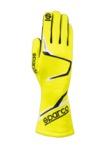 Bright yellow Sparco racing glove with black and white accents, designed for motorsport safety and performance.