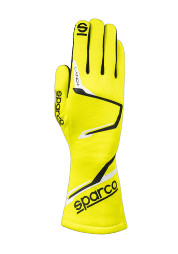Bright yellow Sparco racing glove with black and white accents, designed for motorsport safety and performance.