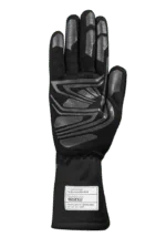 Black racing glove with grey and white accents, designed for motorsport safety and grip, from Grand Prix Racewear collection.