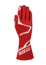Red Sparco racing glove with black and white accents, designed for motorsport safety and performance.