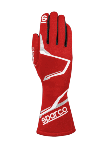 Red Sparco racing glove with black and white accents, designed for motorsport safety and performance.