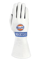 White racing glove with Gulf and Sparco logos, designed for motorsport safety and performance.