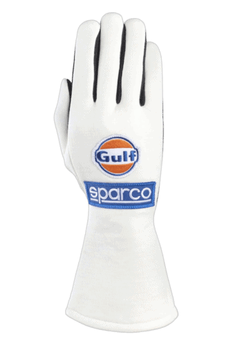 White racing glove with Gulf and Sparco logos, designed for motorsport safety and performance.