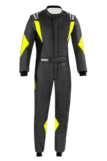 Grand Prix Racewear racing suit in black with yellow accents, designed for motorsport safety and performance.