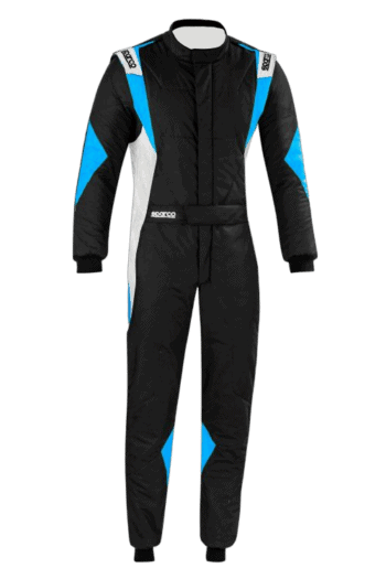 Grand Prix Racewear racing suit in black with blue and white accents, designed for motorsport safety and performance.