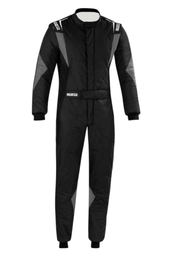 Grand Prix Racewear racing suit in black with grey accents, designed for motorsport safety and performance.