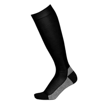 Black and grey racing sock designed for motorsport enthusiasts, featuring compression and moisture-wicking fabric for optimal performance and comfort.