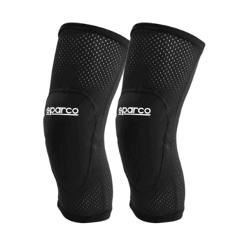 Black Sparco racing knee pads with perforated design for optimal protection and comfort in motorsport activities.