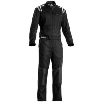 Black Grand Prix Racewear racing suit with white accents, designed for motorsport safety and performance.