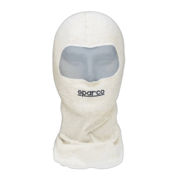 White Sparco racing balaclava with grey eye opening and black logo, designed for motorsport safety and comfort.