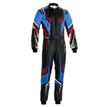 Grand Prix Racewear racing suit in black, blue, red, and white with protective padding and branding, designed for motorsport drivers.