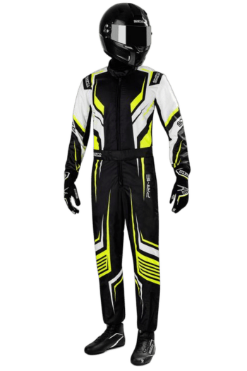 Grand Prix Racewear racing suit with black, white, and neon yellow accents, designed for motorsport safety and performance.