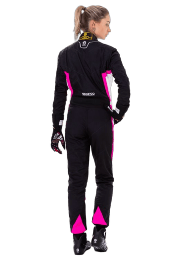 Grand Prix Racewear Sparco Kerb Lady Kart Suit in black with pink accents, designed for female kart racers, featuring high-quality protective gear and comfortable fit.
