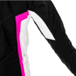 Close-up of a racing suit with black, white, and pink colours, designed for motorsport safety and performance.