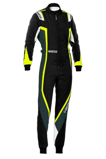 Grand Prix Racewear racing suit in black with neon yellow and white accents, designed for motorsport safety and performance.
