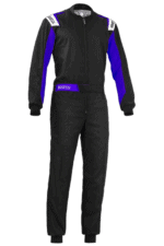 Black and blue Grand Prix racing suit by Sparco with protective padding and branding details.