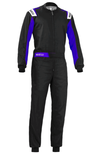 Black and blue Grand Prix racing suit by Sparco with protective padding and branding details.
