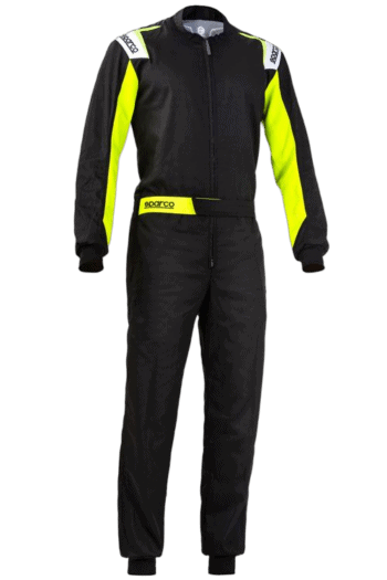 Grand Prix Racewear racing suit in black with neon yellow accents, designed for motorsport safety and performance.