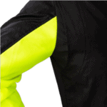 Close-up of a racing suit with black and neon yellow fabric, designed for motorsport safety and performance.