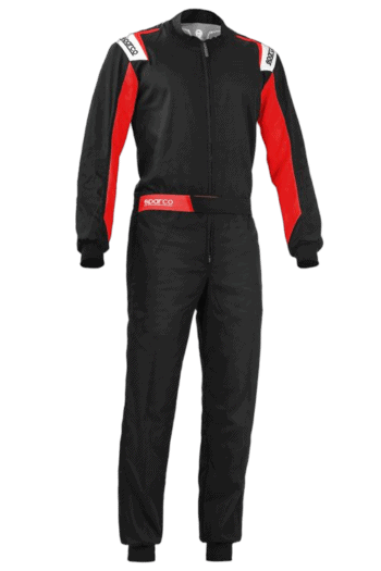 Grand Prix Racewear racing suit in black with red and white accents, designed for motorsport safety and performance.