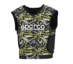 Sparco racing vest with black, yellow, and white geometric design, ideal for motorsport safety and performance.