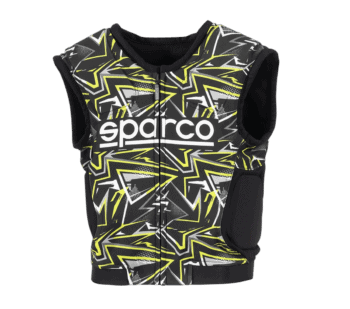 Sparco racing vest with black, yellow, and white geometric design, ideal for motorsport safety and performance.