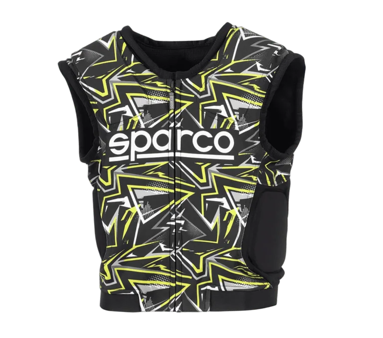 Sparco racing vest with black, yellow, and white geometric design, ideal for motorsport safety and performance.