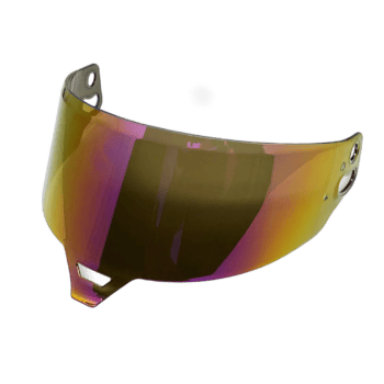 High-quality racing helmet visor with reflective, iridescent finish for Grand Prix racewear, offering protection and style for motorsport enthusiasts.