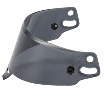 Grey racing helmet visor with adjustable mechanisms, designed for motorsport safety and performance.