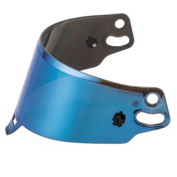 Blue and black racing helmet visor for motorsport safety and performance.