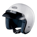 Sparco racing helmet with white shell, black visor, and blue interior padding, designed for motorsport safety and performance.