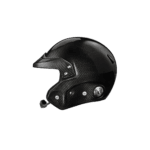Black carbon fibre racing helmet with aerodynamic design and visor for motorsport safety and performance.