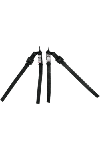 Three black racing harnesses with metal buckles, used for securing drivers in race cars, displayed against a white background.