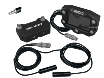 Sparco IS 400 F digital intercom control unit with cables and connectors for race car communication systems.
