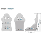 Detailed technical diagram of Grand Prix Racewear EVO II QRT racing seat with measurements in millimetres.