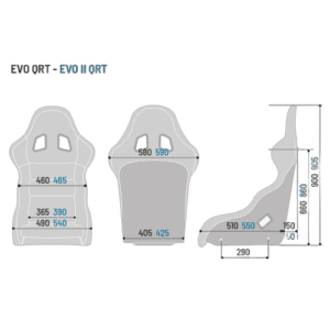 Detailed technical diagram of Grand Prix Racewear EVO II QRT racing seat with measurements in millimetres.